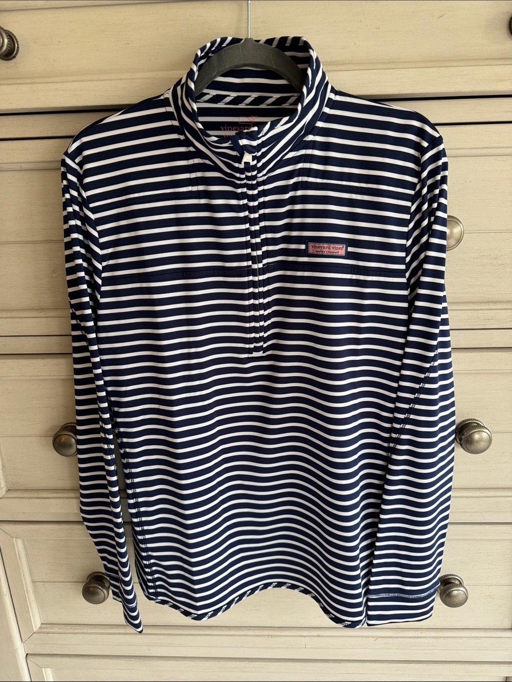 Vineyard Vines The Shep Shirt Navy and White Striped Quarter-Zip Pullover SZ L